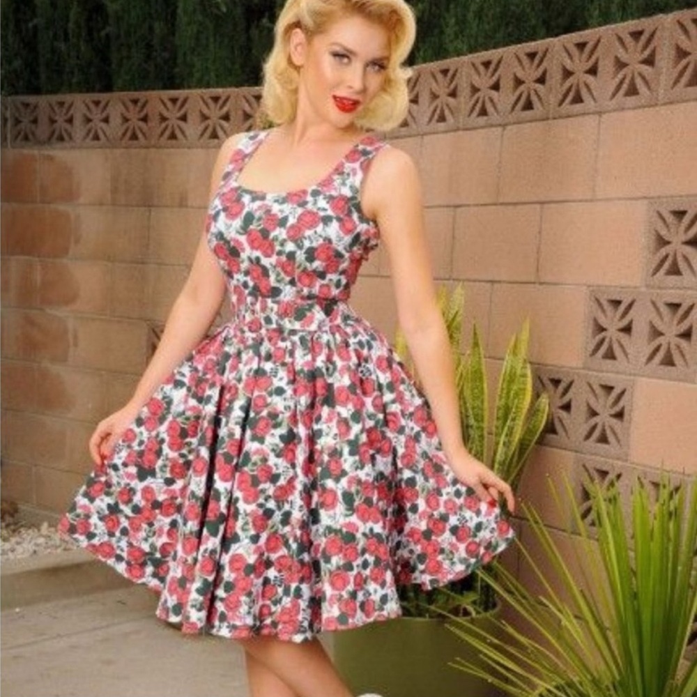 Pinup couture Lana dress in layered roses print